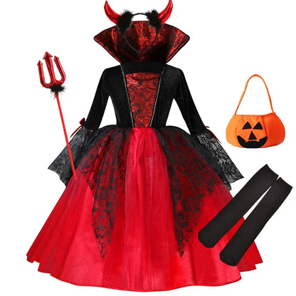 Halloween Girl Cosplay Vampire Dress For Kids Ghost Bride Vampire Costume Vampiran Carnival Party Outfits Scarlet Gothic Clothes