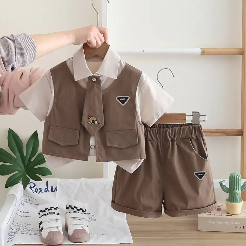 Children Summer Baby Boys Gentleman Clothes Suit Casual Tie T-Shirt Shorts 2Pcs/Sets Infant Kids Casual Clothing Outfits 1-5year