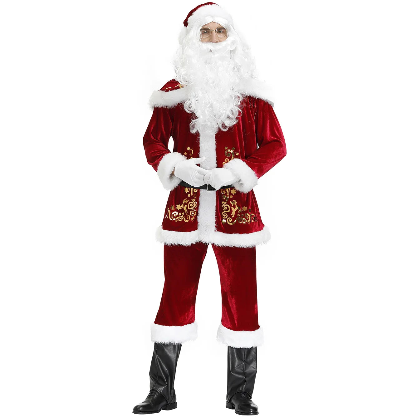 2024 New Man Santa Claus Suit Adult Christmas Cosplay Costume Red Deluxe Velvet Fancy 8pcs Set Xmas Party Family Costume Outfits