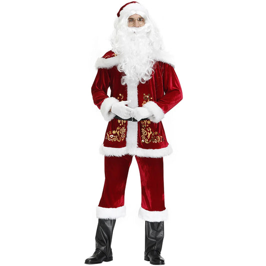 2024 New Man Santa Claus Suit Adult Christmas Cosplay Costume Red Deluxe Velvet Fancy 8pcs Set Xmas Party Family Costume Outfits