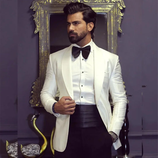 Classic England Style White Jacket Black Pants 2 Piece Elegant Groom Wedding Shawl Lapel Single Breasted One Button Formal Party