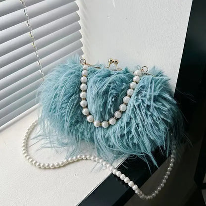 Luxury Faux Fur Evening Bag Pearl Chain Trendy Long Tassel Plush Shoulder Bag Large Capacity Tote Wedding Handbag XA48ZZ