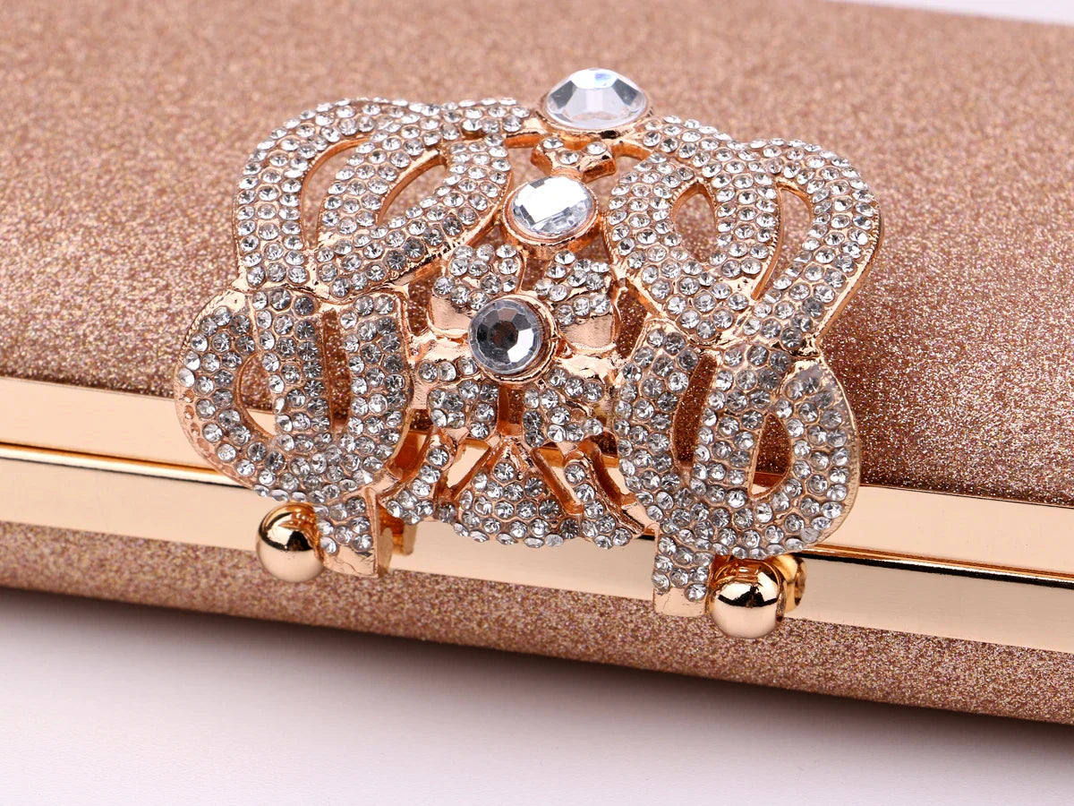 Sequined Fashion Women Evening Bags Crown Metal Chain Shoulder Day Clutch With Rhinestones Wedding Party Handbags