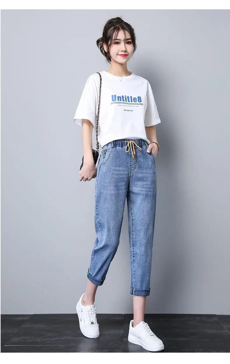 Elastic Waist Dad Harem Jeans Women's Light Blue Spring Summer New Style High Waist Wear Resistant Eighteen Inches Blue Jeans