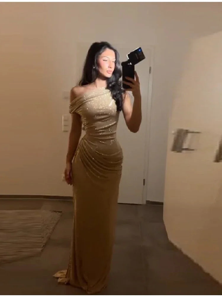 Women's Luxury Nude Sequin Mermaid Prom Dress Off-shoulder Ruched Sparkly Crystals Formal Party Gown Floor-length Evening Dress