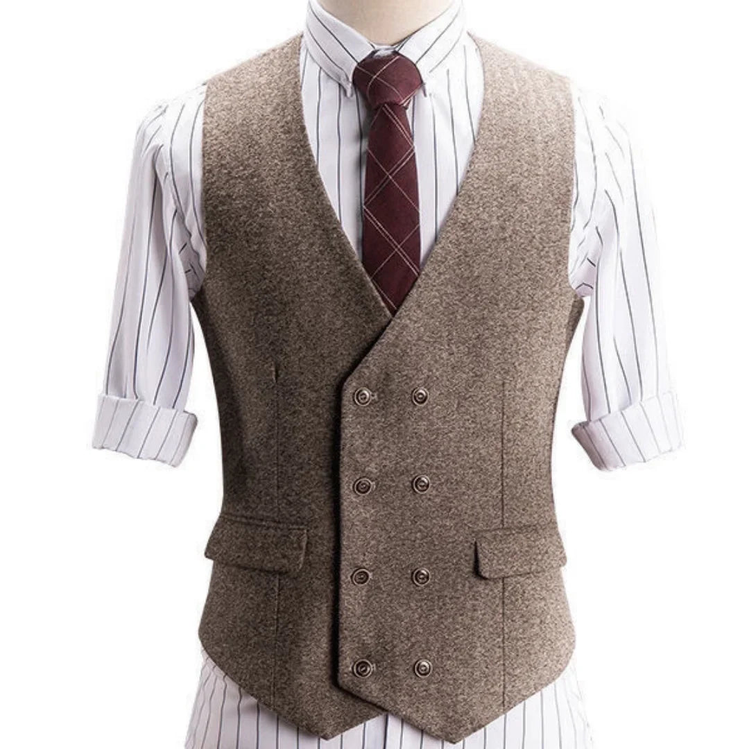 Men Vest Khaki Herringbone Double Button Solid Waistcoat For Wedding Banquet Business Office Work Casual Daily Men Suit Vest