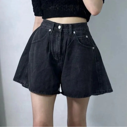 Summer Washed High Waist Women's A-line Denim Shorts Pocket White 2025 New Casual Loose Wide Leg Jeans Shorts Female