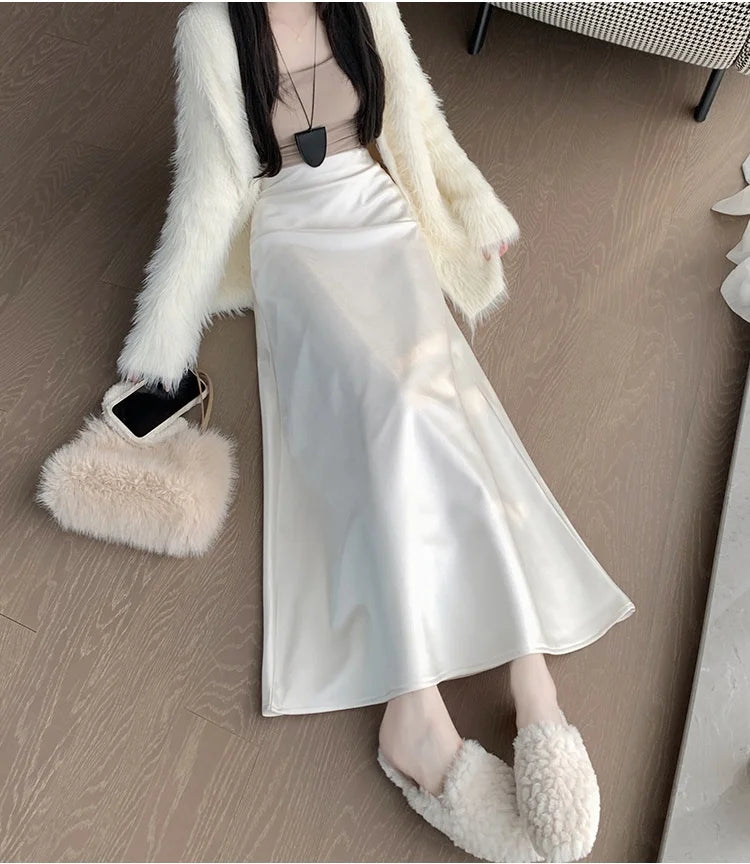 New Autumn Winter Solid Satin Silk Mermaid Skirt Women Fashion High Waist Office Ladies Work Warmth Party Long Maxi Skirt
