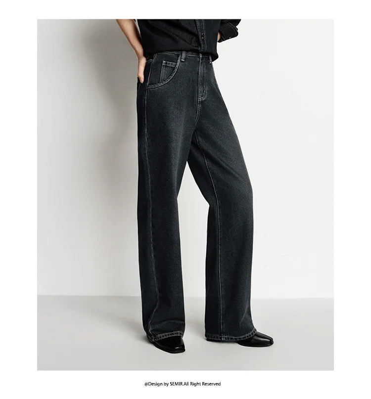 Semir Jeans Women Wide Leg Fleece Lined Comfortable High Waist Winter 2025 New Floor-Length Pants with Leg-Elongating Effect