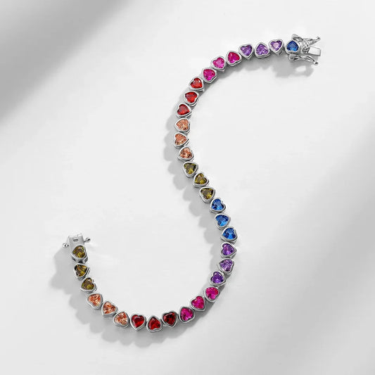Bracelet de tennis en argent sterling 925, zircone cubique colorée arc-en-ciel en forme de cœur, pour femmes, bijoux fins, vente en gros