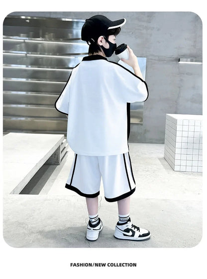 Summer Boys Patchwork Alphabet Preppy T-Shirt Tops+Drawstring Shorts Pant Set School Kids 2PCS Tracksuit Children Outfits 5-16Yr