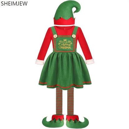 Funny Adult Santa Claus Cosplay Costume Boys Girls Green Christmas Elf Clothes Family Outfit New Year Christmas Dress Set