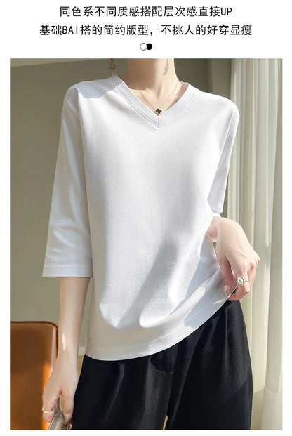 Spring And Summer New Cotton V-neck T-shirt Short-Sleeved Women's Half-Sleeve Bottoming Shirt High-End Cropped Sleeve Top