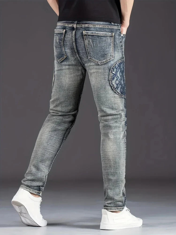 Streetwear Men's Motorcycle Jeans Stretch Nostalgic Fashion Casual Denim Trousers Slim Straight Patchwork Washed Cowboy Pants
