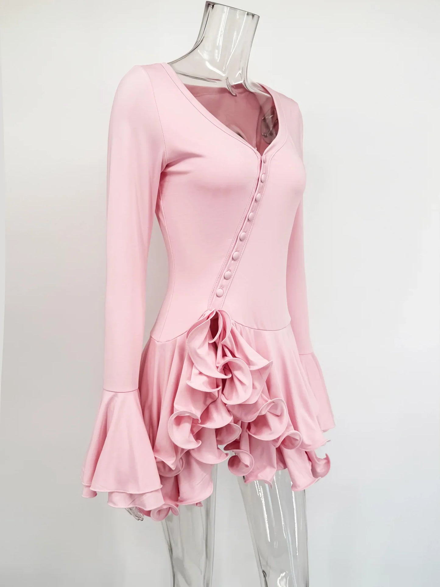 Fashion Ruffled V-Neck Mini Dress Women High Waist Patchwork Sexy Long Sleeve Commute Dress Female Summer Party Bodycon Dress