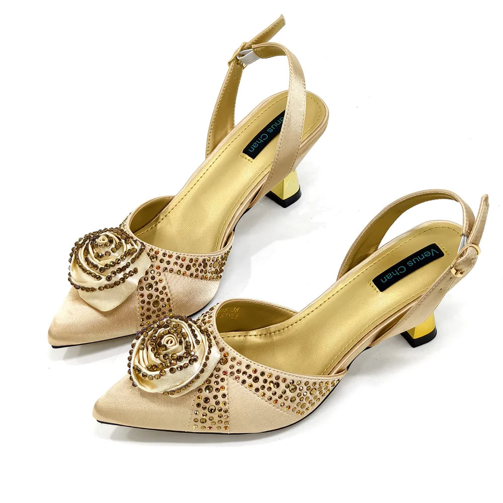 Sparkling Rhinestone Rose Pumps With Medium Heel for Nigerian Women's Party, Pointed Toe Shoes and Matching Bags