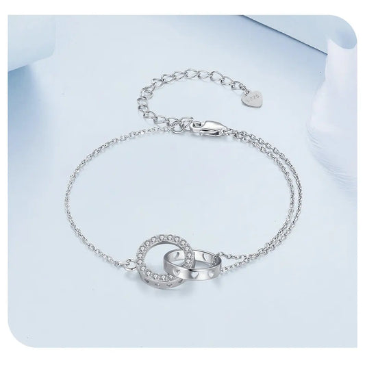 Bracelet double cercle en argent sterling 925, plaqué platine, à maillons réglables, pour femme, cadeau de Saint-Valentin