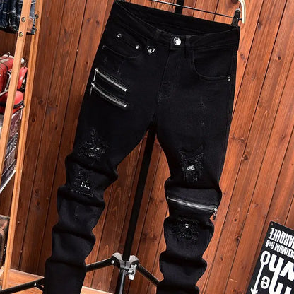 2025 Jeans Men's Spring Autumn Versatile Korean Black Elastic Slim Small Feet Zipper Pants Autumn Cowboy Man Pants Design Jeans
