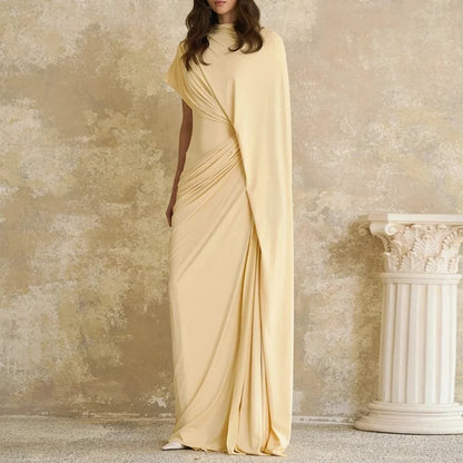Modern Evening Dress فساتين سهره Customized Round Neck with Cape Pleat Ruched Sheath Arabian Prom Gown Formal Dresses