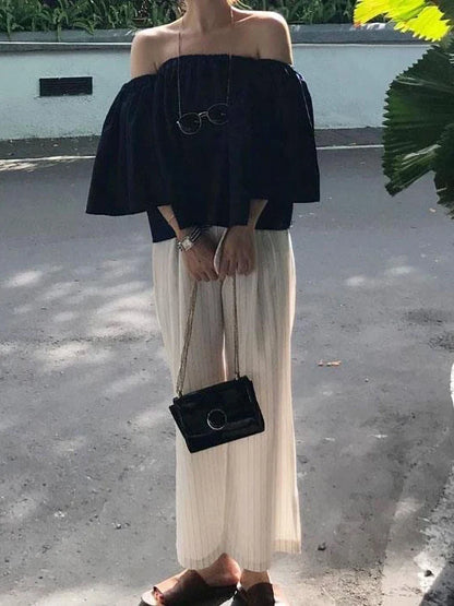 Holiday Beach Youth Off Shoulder Blouses Tops Korean Fashion Puff Sleeve Shirt Summer Elegant Tees Dongdaemun Backless 2024 New