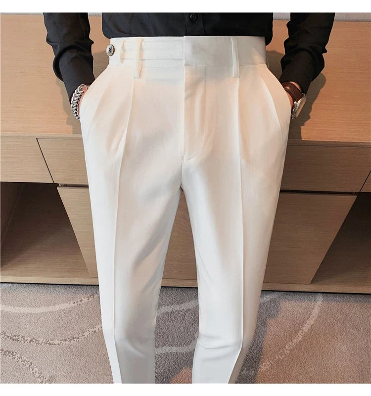 Autumn Winter High Quality Solid Casual Pants Men Belt Design Slim Fit Trousers Formal Office Business Social Party Suit Pants