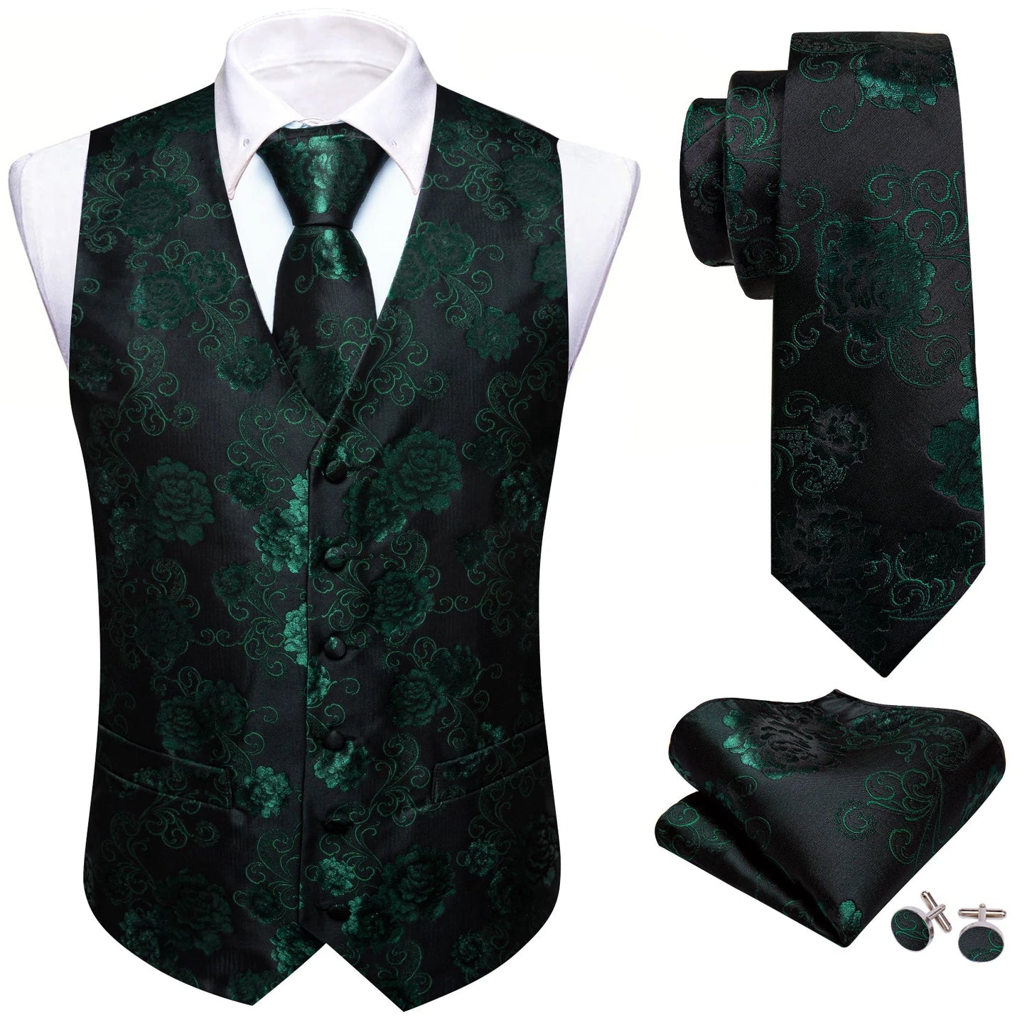 100 Colors Men Vest Tie Hanky Cufflinks Set Waistcoat Paisley Floral Jacquard Sleeveless Jacket Wedding Business