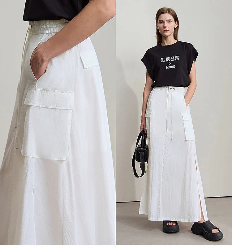 Vacation Long Skirt 2025 Summer Women Loose Sun Protection Office Lady Solid Pockets Elastic Waist Cord Slit Skirt 12542106