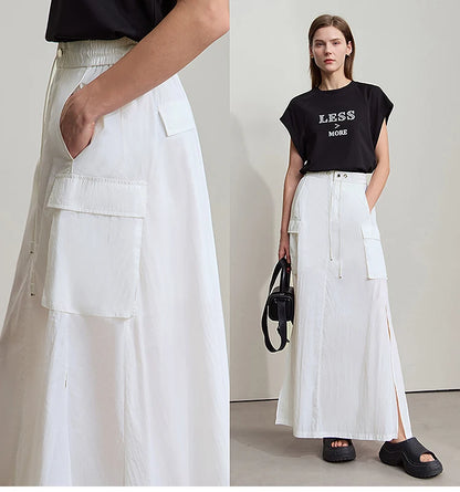 Vacation Long Skirt 2025 Summer Women Loose Sun Protection Office Lady Solid Pockets Elastic Waist Cord Slit Skirt 12542106