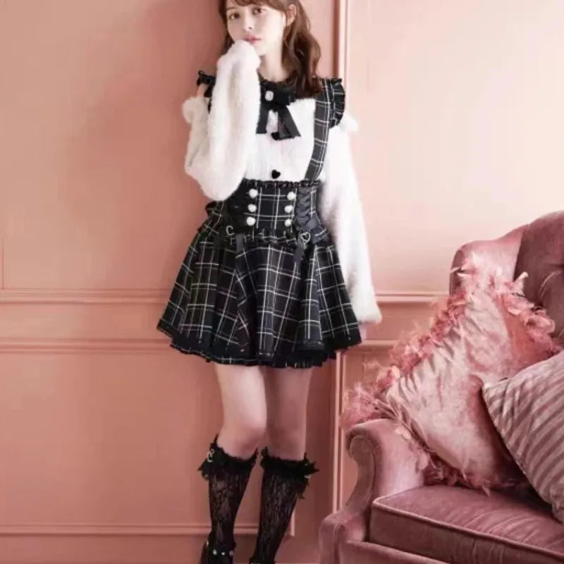 Japanese Gothic Lolita Ribbon Short Suspender plaid Skirt Girls Sweet Cute Lace A-Line Mini Skirts summer2026 black solid kawaii