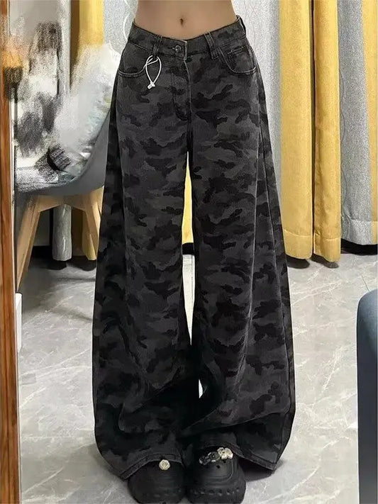 American Sle Camouflage Workwear Jeans Women's Spring Summer New plus Size Fat MM High Waist Loose Slim Straight Leg Pants