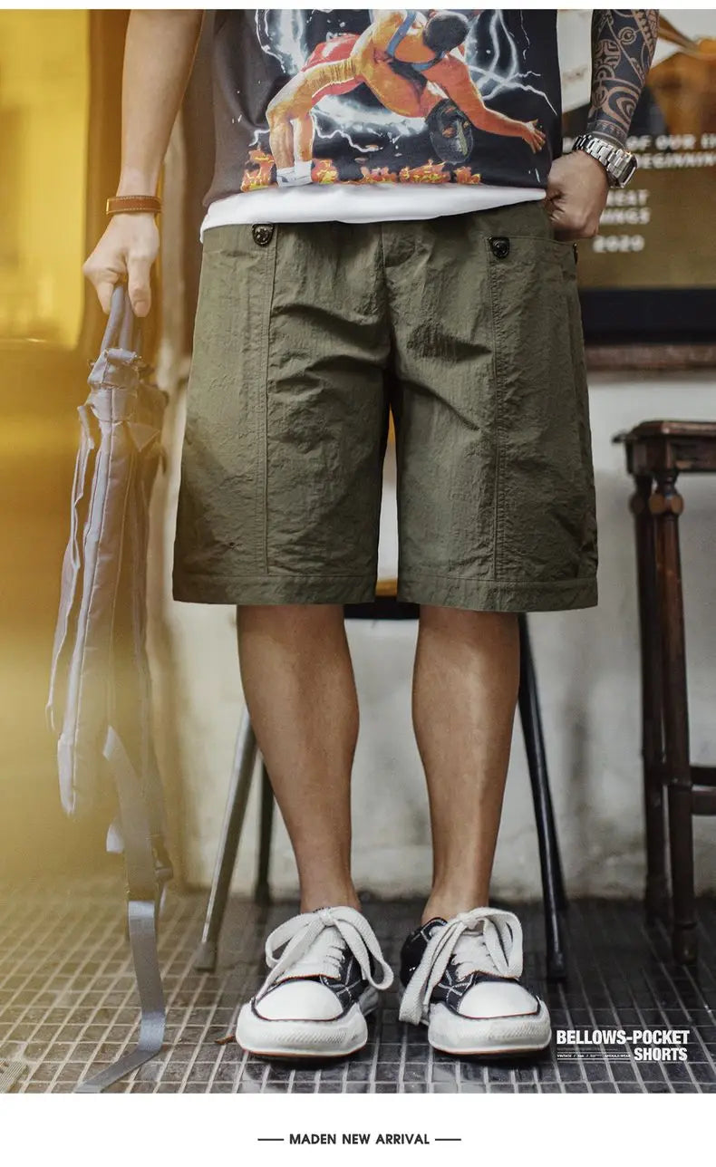 Casual Green Pocket Shorts Men's Summer Lightweight Woven Straight Leg Shorts Elastic Waist Retro Street Versatile Bottoms