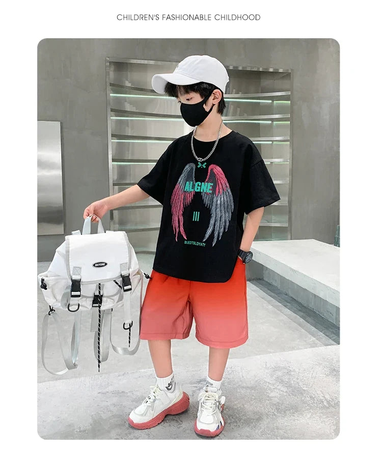 New Kids Boy Summer Clothing Set Cotton T-shirt With Wings Print + Shorts 2 Pieces Tracksuit Outfit for Child Suit Wear 5-14 T