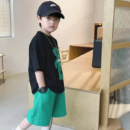 Summer Boys Cotton Cartoon Alphabet Short-Sleeved t-Shirt Tops+Short Pant Set School Kids Tracksuit Children 2PCS Outfit 3-16Yrs