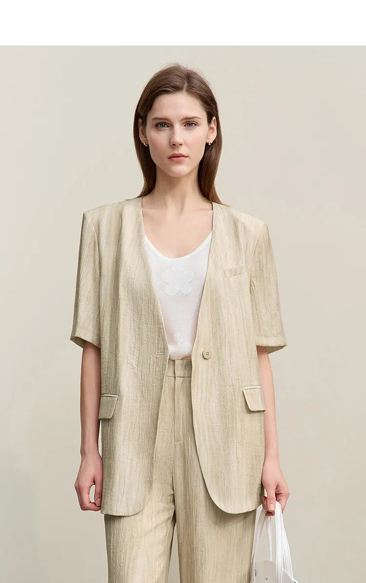 Women's Blazer 2026 Summer New Commuter V-neck Short Sleeve Single Button Women's Jacket Loose Shoulder Padded Top 12621092