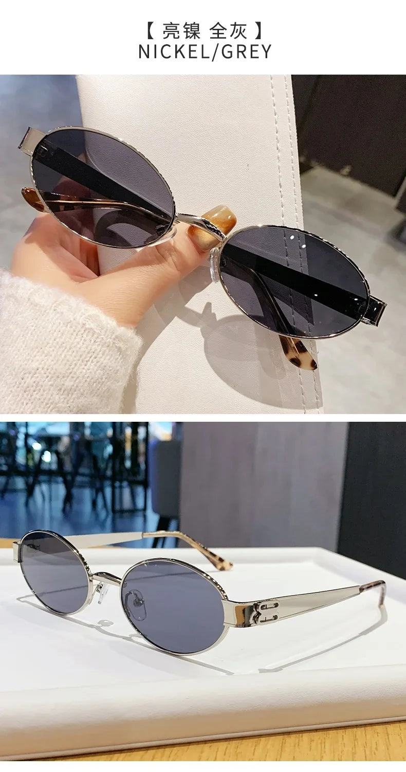 Retro Small Oval Metal Frame Women Sunglasses UV400 Thin Full Rim Men Punk Sun Glasses Vintage Shades Lentes De Sol Mujer