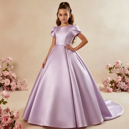 White Flower Girl Dress for Wedding With Bow Satin Floor Length Elegant First Communion Ball Birthday Party Gowns