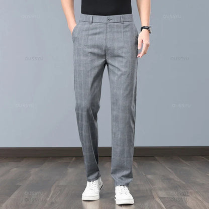 Summer High-Quality Classics Plaid Work Stretch Thin Pants Men Business Fashion Grey Black Party Casual Formal Trousers Male 38