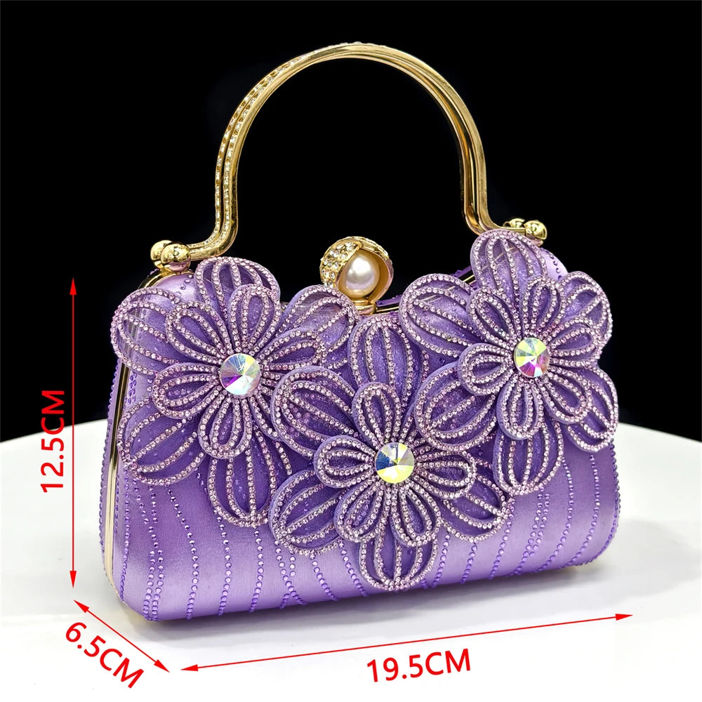 Party Shoes and Bag Ladies Heel Decoration Pure Elegant Flower Wedding Shoes and Bag Full Rhinestone Fashion Handbag