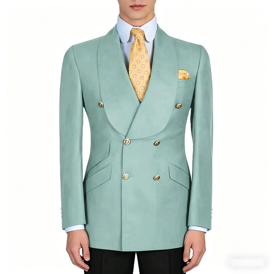 Mens Mint Green Double Breasted Blazer Slim Fit Shawl Collar Formal Sport Coat with Gold Buttons for Groom Prom Business Casual
