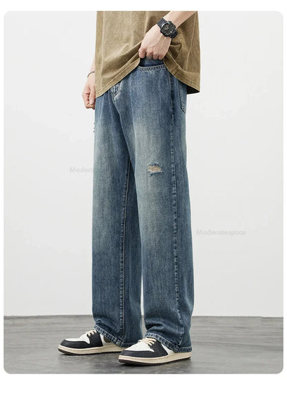Korea Baggy Jeans Men's Vintage Straight Ripped Y2k Pants Fashion Frayed High Street Distressed Denim Trousers Male Clothes