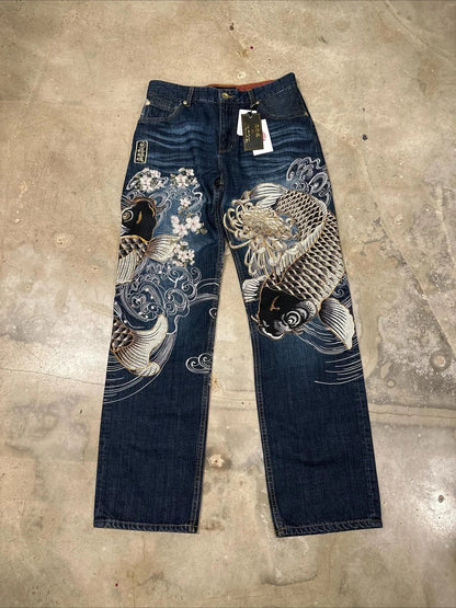 Japanese Harajuku Jeans Mens New Dragon High Quality Jeans Gothic Y2K Vintage Hip Hop Streetwear Denim Fabric Wide Leg Pants