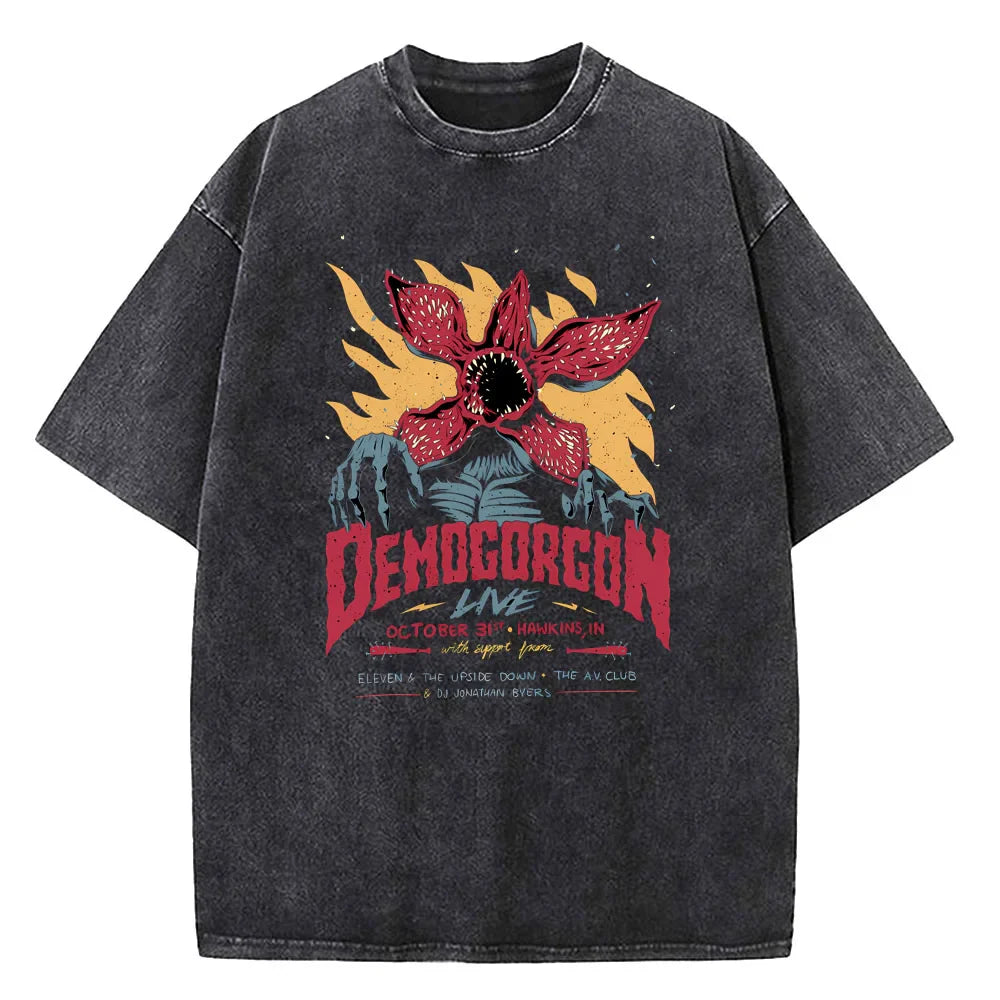 Demogorgon Hawkins Vintage Washed T Shirt Women Men Anime Cotton T Shirt Summer Harajuku Street Tops Clothing