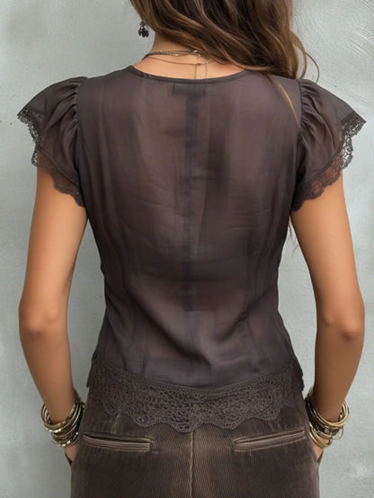 Women Boho Deep V Lace Trim Flutter Sleeve Chiffon Blouse, Sheer Tie Waist Vintage Cropped Vacation Top