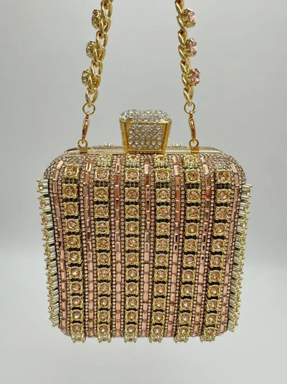 Handmade Diamond Encrusted Square Clutch Evening Bag Small Size Portable Sparkling Polyester Fiber Dinner Bag for Women