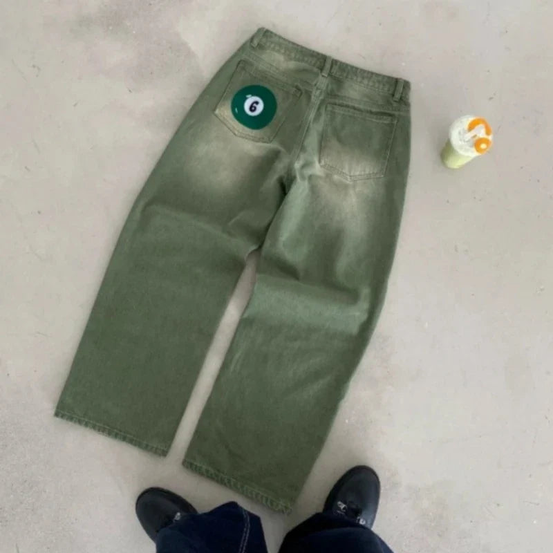 Y2K Retro Matcha Denim Jeans Washed Billiard Embroidered Denim Pants London Fashion New York Style Streetwear Unisex Baggy Jeans