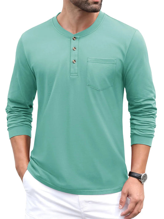 Henry Neck Long Sleeves Men's High Quality Cotton Henley Shirts Casual Button T-Shirt with Pocket Placket Fitted Tees
