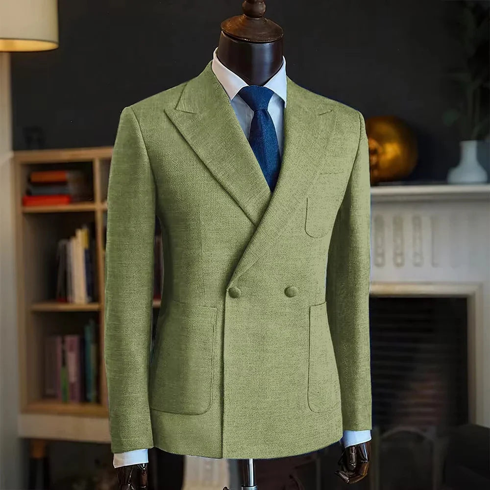 Luxury Men's Classic Suit Blazer Linen Double Breasted Notch Lapel Formal Groom Wedding Dress Jacket Lightweight Sport Coat