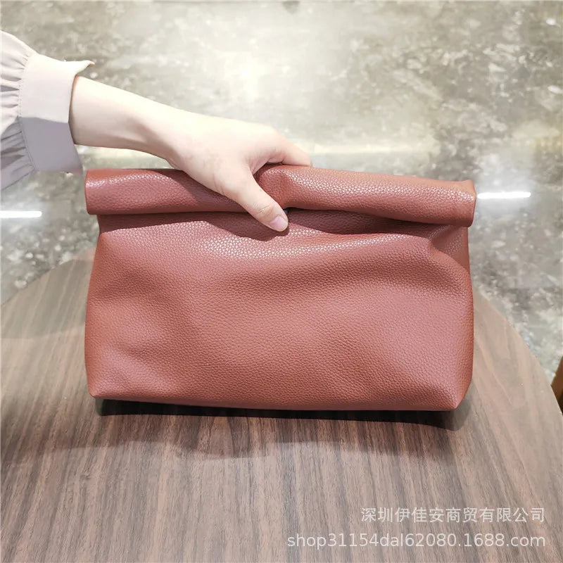 Simple Black Dull Handbag Rolled Edges Large Capacity Soft Texture Women's Casual Clutch Bag Vintage Artistic Style