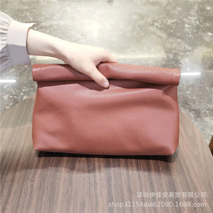 Simple Black Dull Handbag Rolled Edges Large Capacity Soft Texture Women's Casual Clutch Bag Vintage Artistic Style