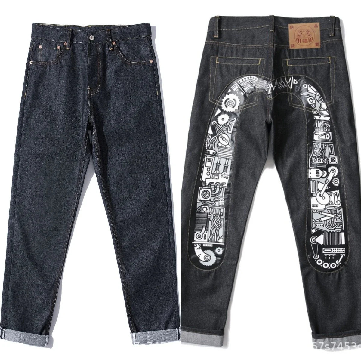 Men's Japanese Handmade Embroidered Jeans Pure Cotton Straight Tube Hip-Hop Popular Slim Red Ears Show Thin Trousers Devil Black